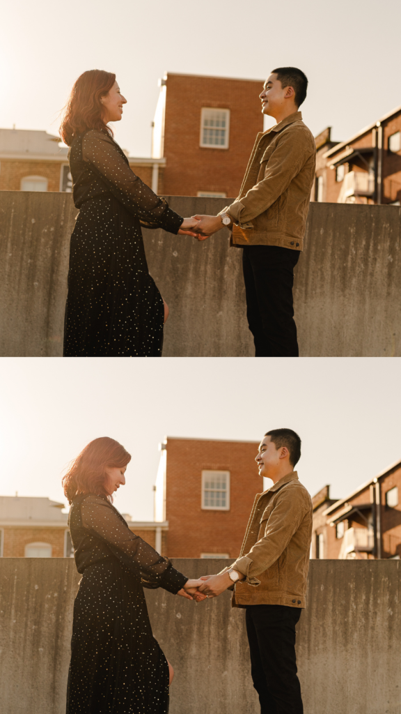 Couples photo pose ideas. Winter rooftop photos. Downtown Hagerstown, MD