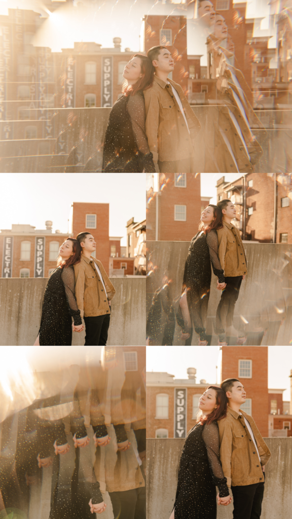 Couples photo pose ideas. Winter rooftop photos. Downtown Hagerstown, MD